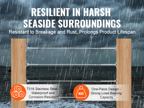 VEVOR stainless steel cable railing kit is resilient against rust and corrosion in harsh seaside conditions.