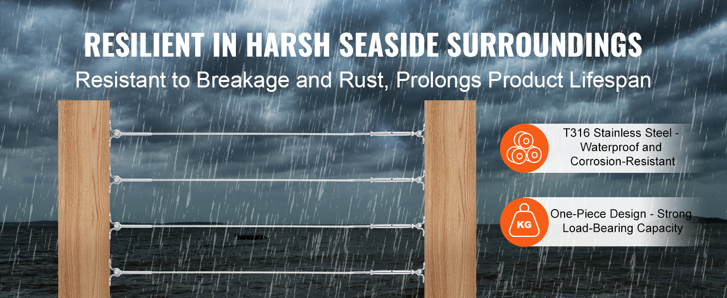 VEVOR stainless steel cable railing kit is resilient against rust and corrosion in harsh seaside conditions.