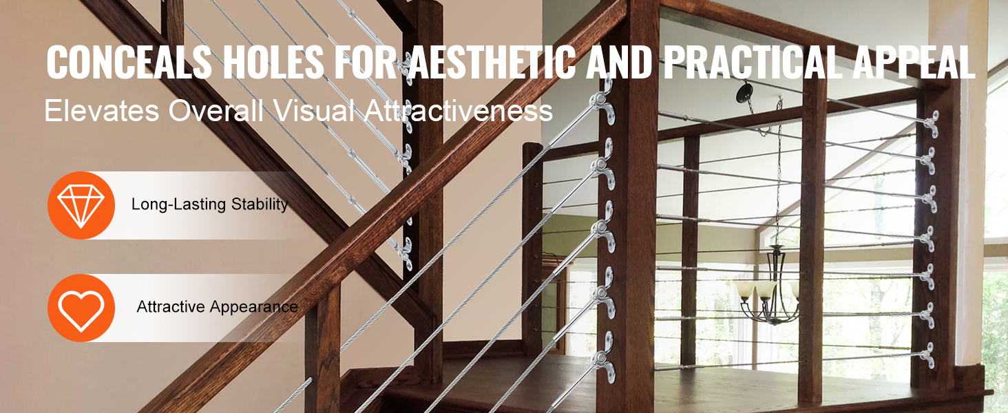VEVOR stainless steel cable railing kit enhancing a wooden staircase for stability and attractive appearance.