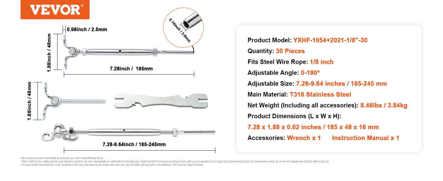 VEVOR stainless steel cable railing kit specifications; 30 pieces, fits 1/8 inch wire rope, adjustable, t316 steel.