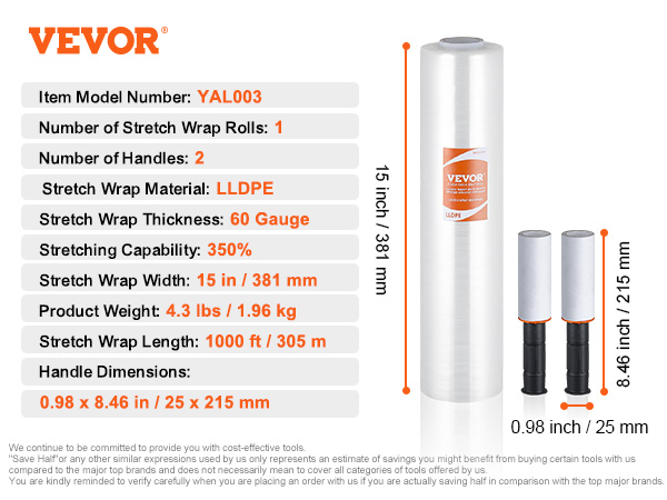 VEVOR stretch film with 2 handles, 15-inch width, 60 gauge thickness, and 1000 ft length.