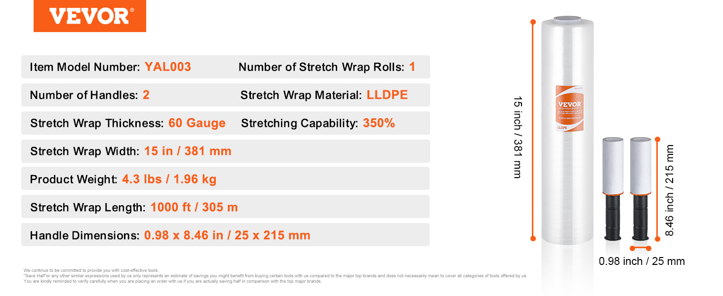 VEVOR stretch film with 2 handles, 15-inch width, 60 gauge thickness, and 1000 ft length.