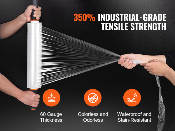 VEVOR stretch film, industrial-grade tensile strength, waterproof, 60 gauge, colorless, and odorless.