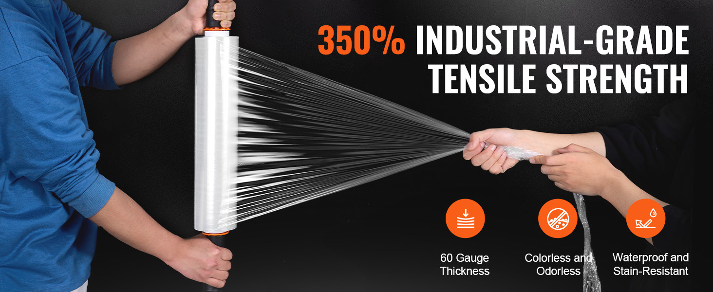 VEVOR stretch film, industrial-grade tensile strength, waterproof, 60 gauge, colorless, and odorless.