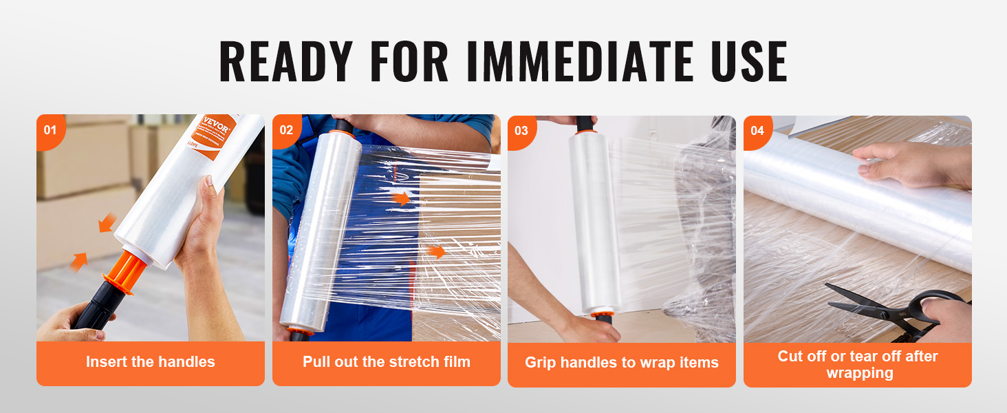 steps to use VEVOR stretch film: insert handles, pull out film, wrap items, cut or tear off film.