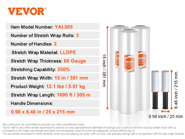 VEVOR stretch film, model yal005, 3 rolls, 60 gauge, 15 in width, 1000 ft length, 2 handles included.