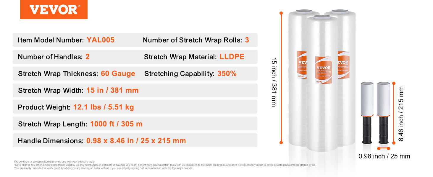 VEVOR stretch film, model yal005, 3 rolls, 60 gauge, 15 in width, 1000 ft length, 2 handles included.