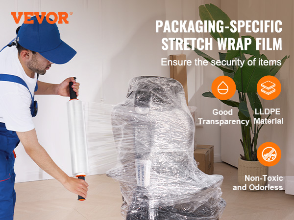 worker wrapping furniture with VEVOR stretch film, ensuring item security with key benefits highlighted.