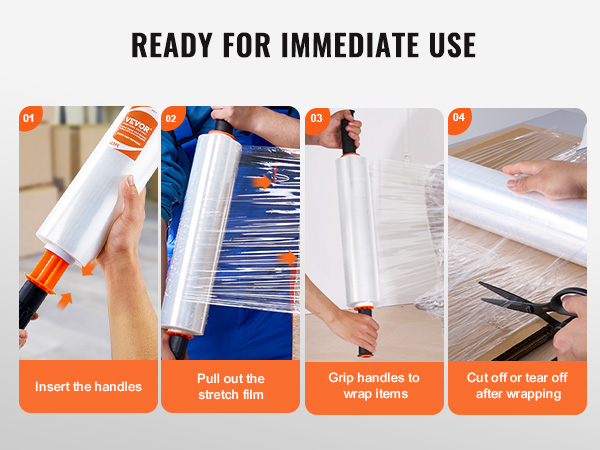 VEVOR stretch film instructions: insert handles, pull film, grip to wrap, cut or tear after wrapping.