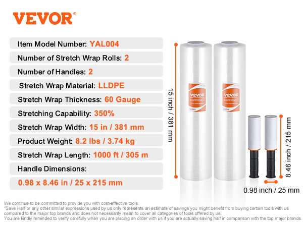 VEVOR stretch plēve yal004: 2 ruļļi, 15 collu platumā, 60 mm, 1000 pēdu garumā, lldpe materiāls, 350% stiepšanās.