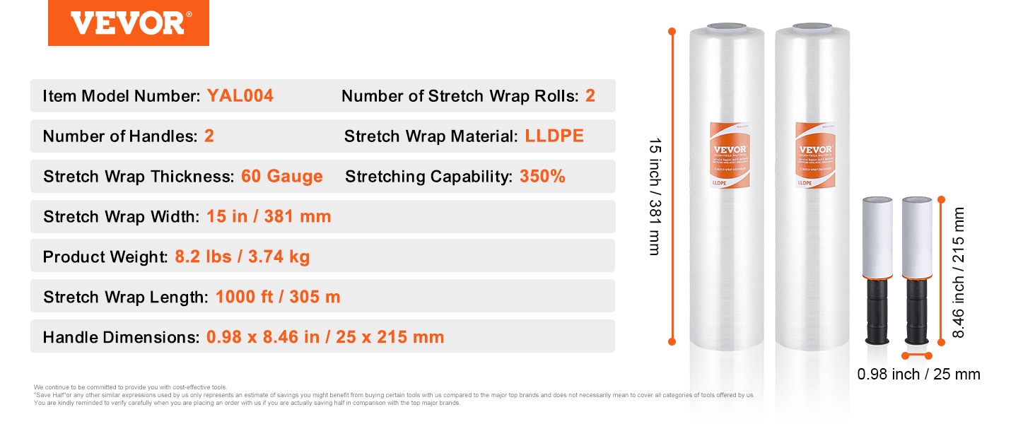 VEVOR stretch plēve yal004: 2 ruļļi, 15 collu platumā, 60 mm, 1000 pēdu garumā, lldpe materiāls, 350% stiepšanās.