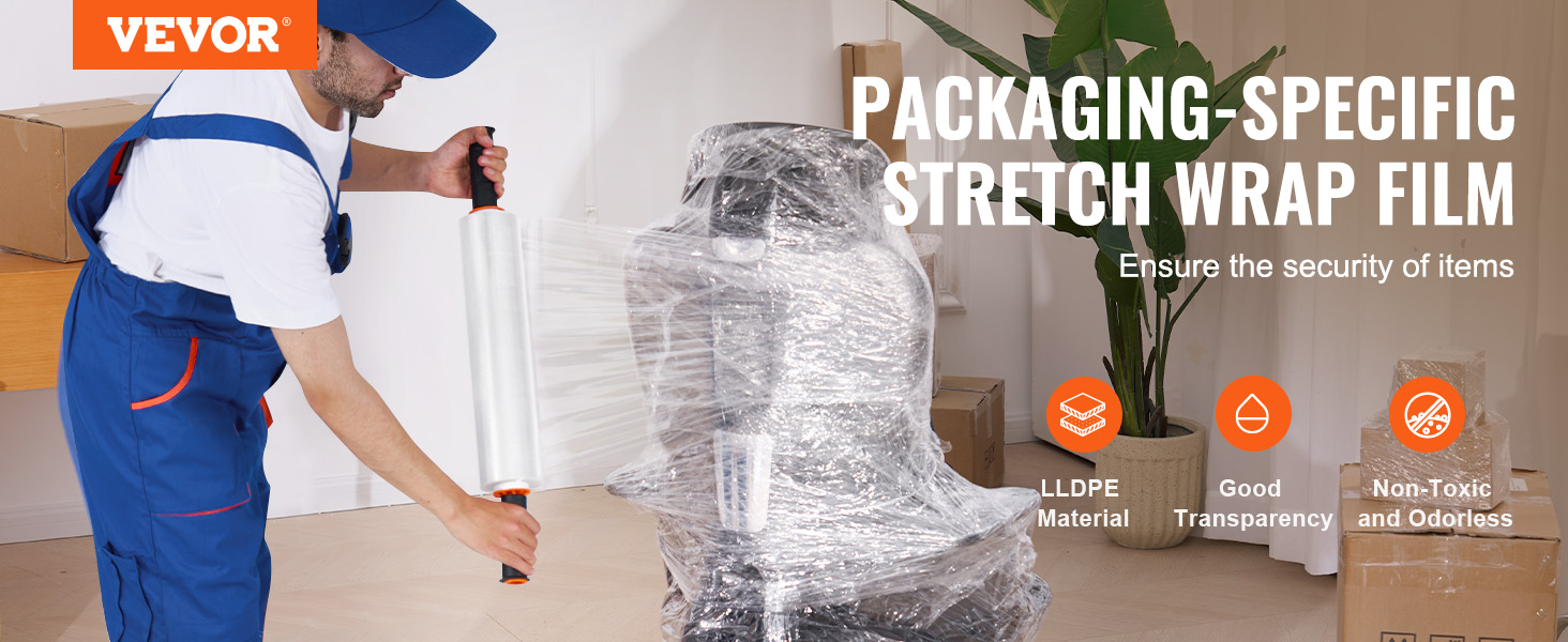 darba ņēmēju priekšmetu iesaiņošana ar VEVOR stretch plēvi drošam iesaiņošanai; lldpe materiāls, caurspīdīgums.