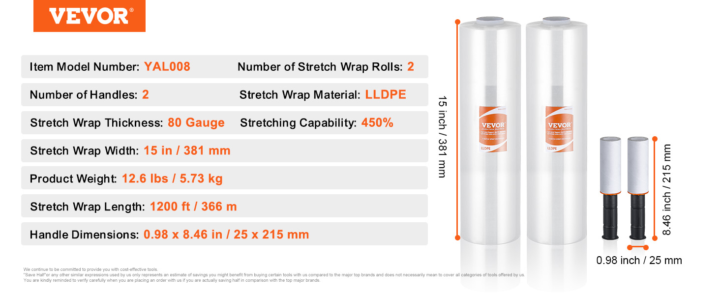 VEVOR stretch film with 2 rolls, 2 handles, 15 in width, 80 gauge thickness, and 450% stretching capability