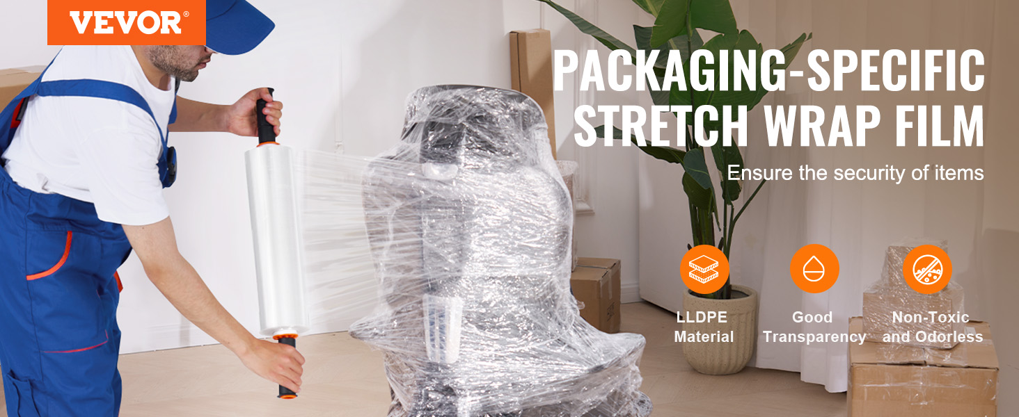 worker wrapping chair with VEVOR stretch film, suitable for packaging, emphasizing security and transparency.