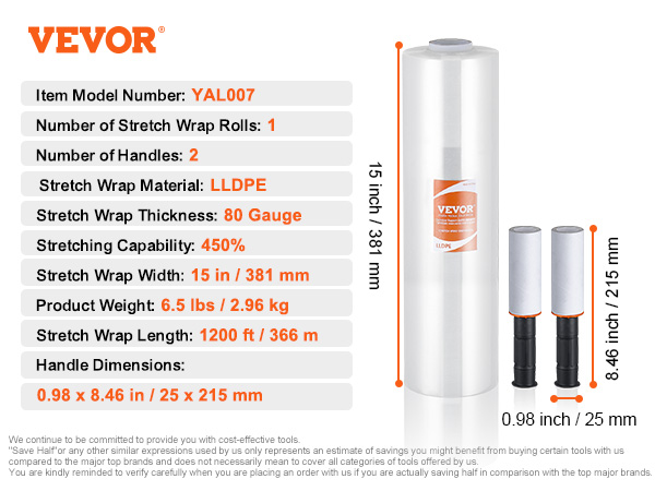 VEVOR stretch film, model yal007, 15 in width, 1200 ft length, 80 gauge thickness, 2 handles included.