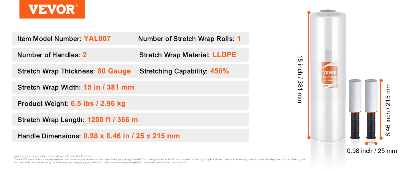 VEVOR stretch film, model yal007, 15 in width, 1200 ft length, 80 gauge thickness, 2 handles included.