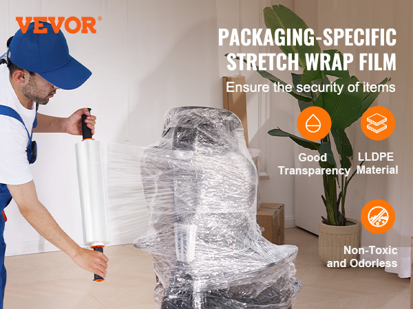 worker using VEVOR stretch film for packaging, highlighting lldpe material, good transparency, and non-toxic features.