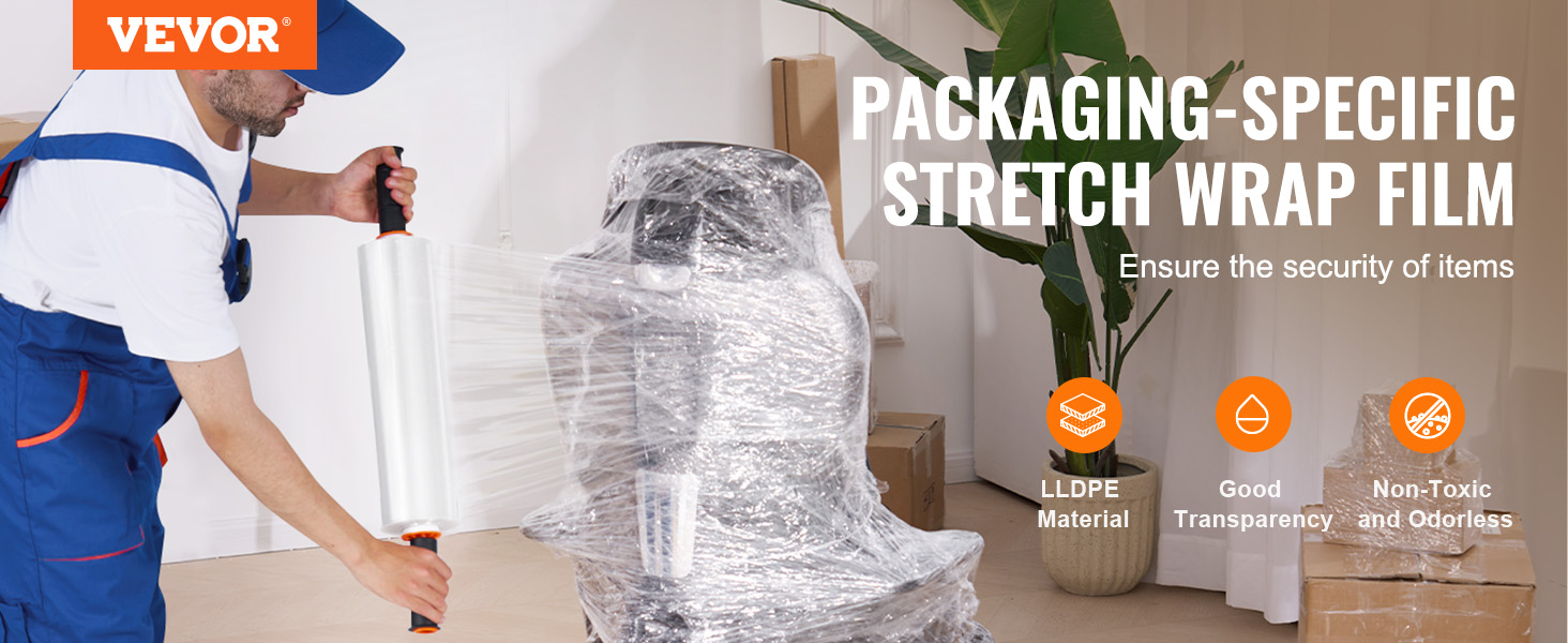 worker using VEVOR stretch film for packaging, highlighting lldpe material, good transparency, and non-toxic features.