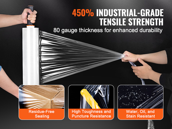 two people stretching VEVOR stretch film showcasing industrial strength, durability, and resistance features.
