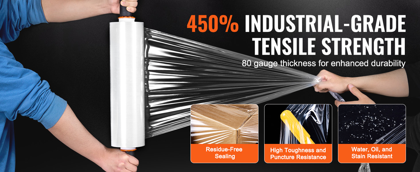 two people stretching VEVOR stretch film showcasing industrial strength, durability, and resistance features.