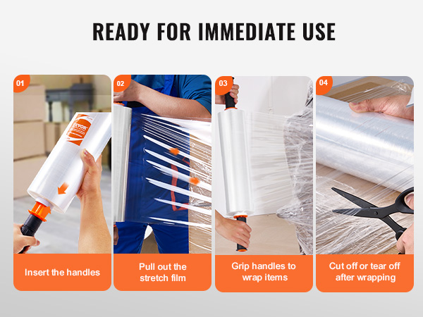 VEVOR stretch film steps: insert handles, pull out film, wrap items, and cut or tear off after wrapping.