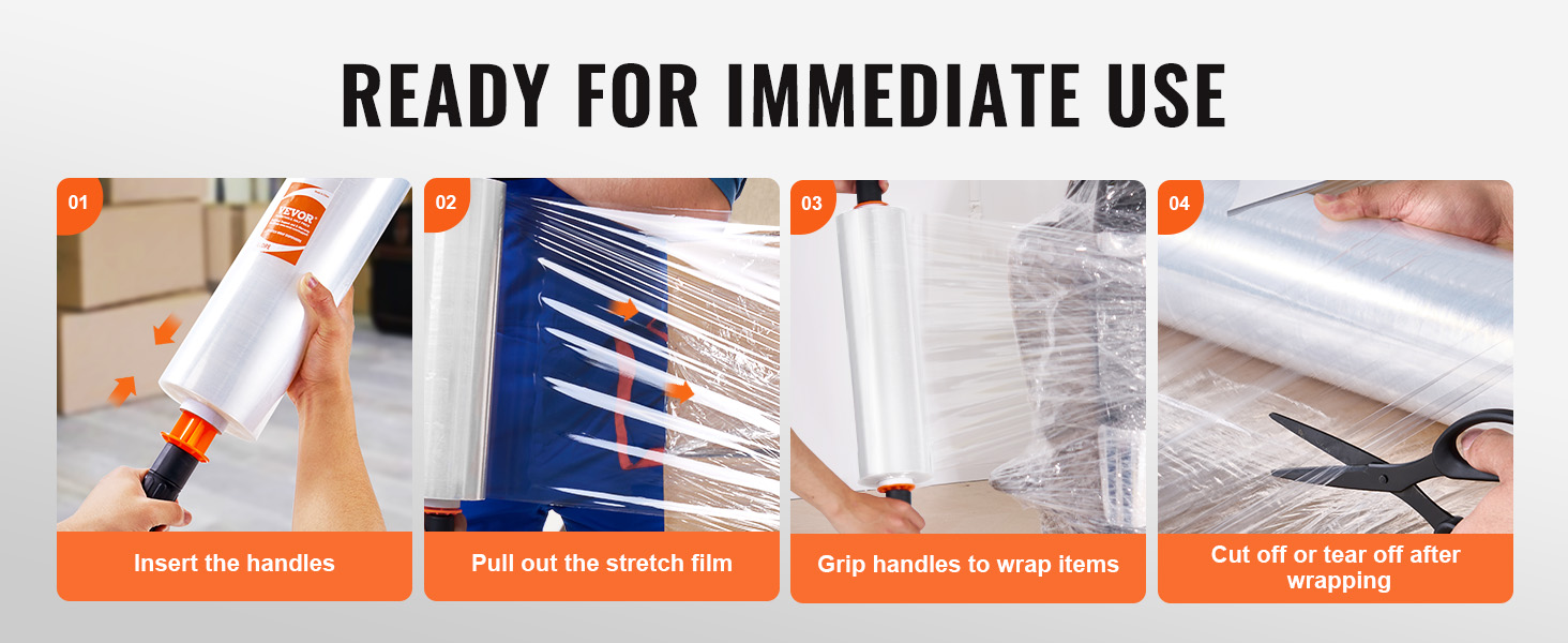 VEVOR stretch film steps: insert handles, pull out film, wrap items, and cut or tear off after wrapping.