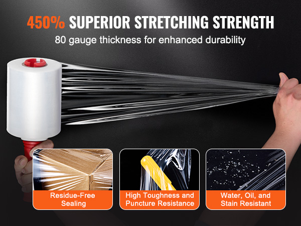 VEVOR stretch plēve ar 450% stiepšanās izturību, 80 mm biezums, blīvējums bez atlikumiem, augsta izturība