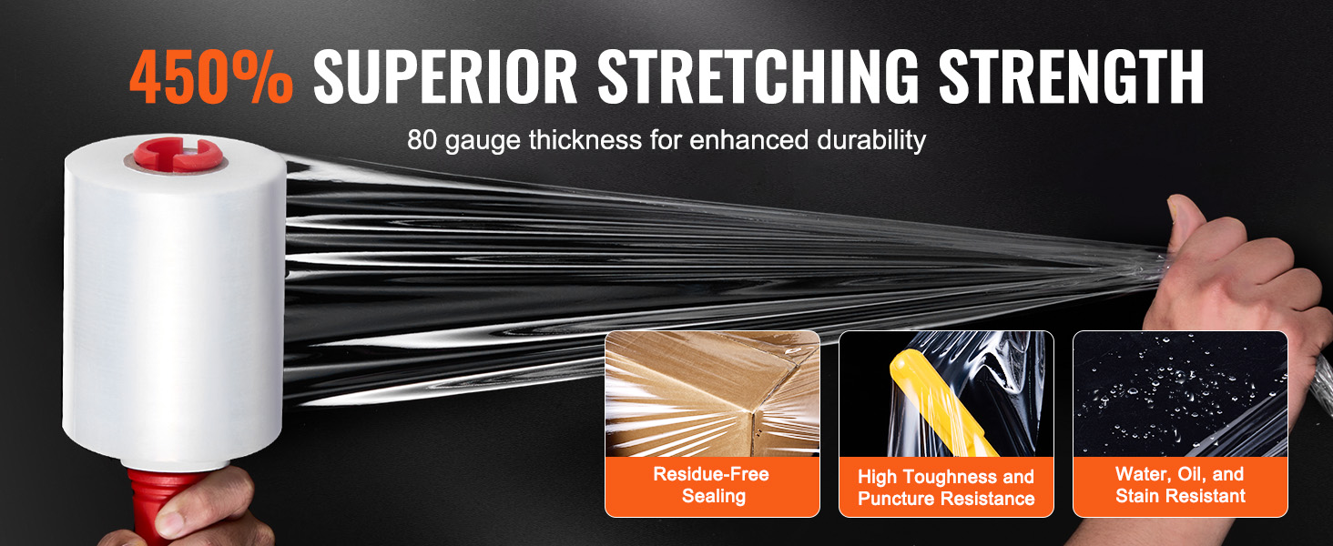 VEVOR stretch plēve ar 450% stiepšanās izturību, 80 mm biezums, blīvējums bez atlikumiem, augsta izturība