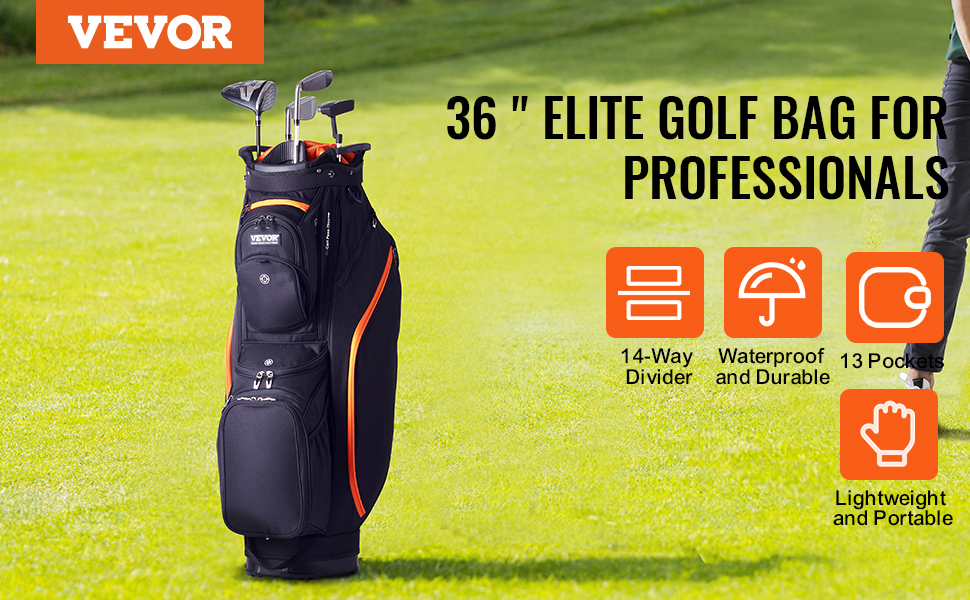 VEVOR golf cart bag, 14-way divider, 13 pockets, waterproof, lightweight, black with orange accents.