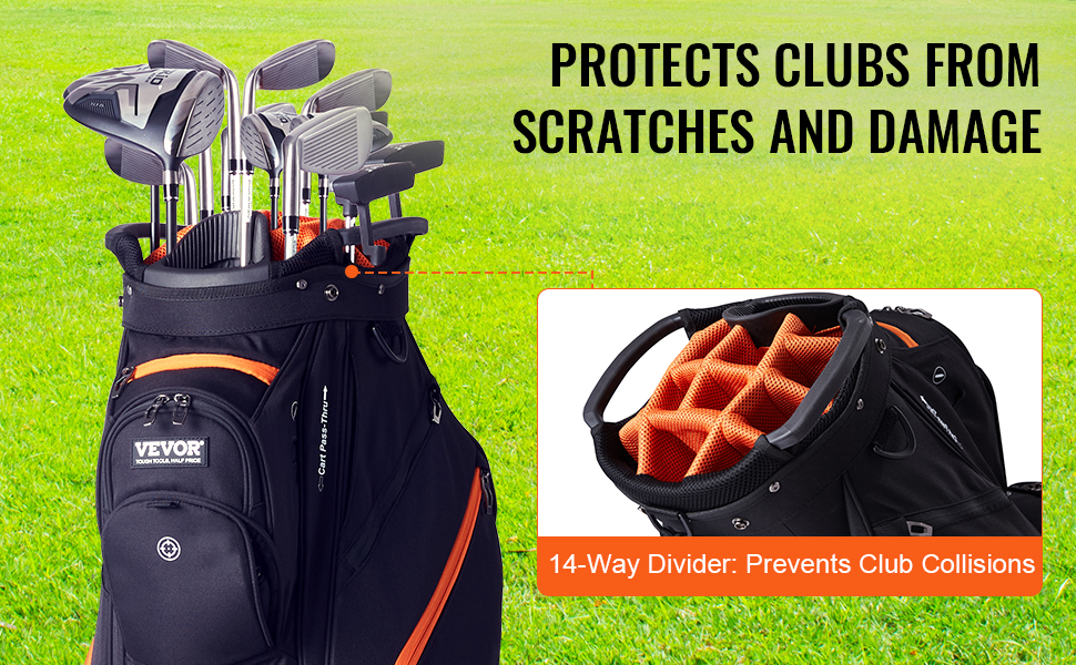 VEVOR golf cart bag with 14-way divider, protecting clubs from scratches and damage on the green.