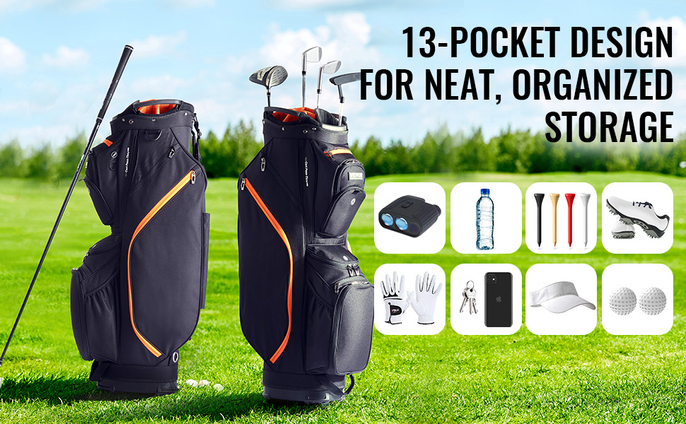 VEVOR golf cart bag with 13-pocket design for organized storage on a lush, green golf course.
