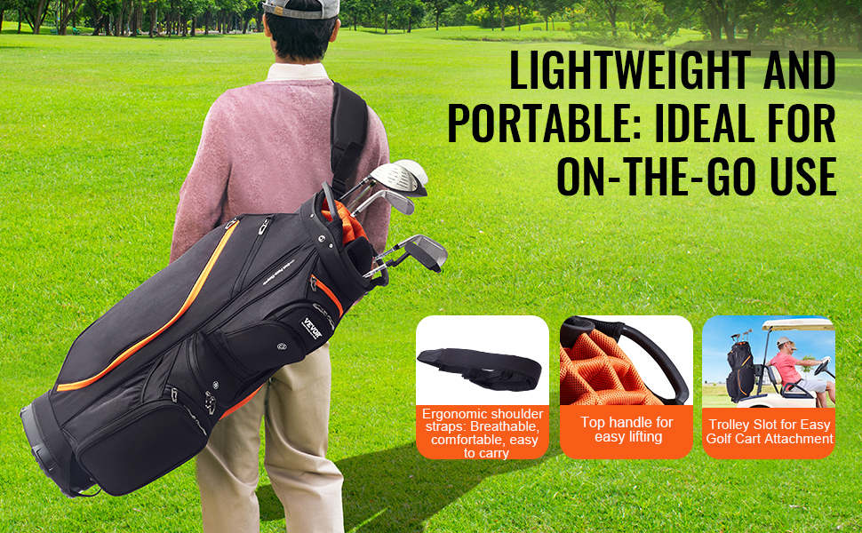 person carrying a VEVOR golf cart bag in a green field with ergonomic straps and trolley slot.
