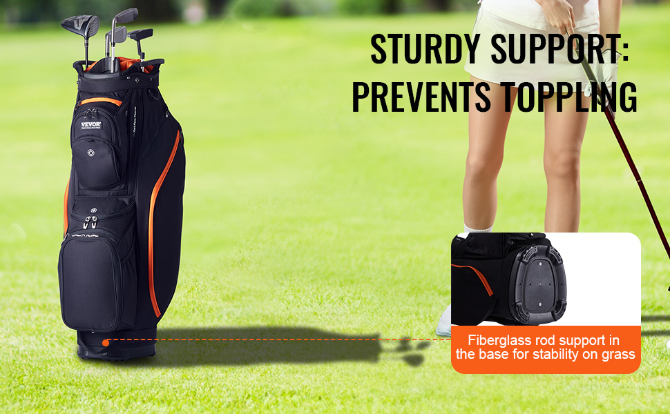 VEVOR golf cart bag with sturdy support to prevent toppling, featuring fiberglass rod for stability.