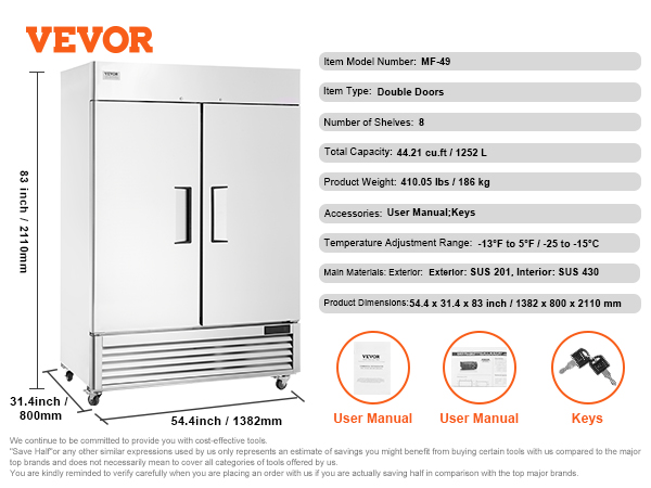VEVOR commercial freezer mf-49, double doors, 44.21 cu.ft, 8 shelves, sus 201 exterior, sus 430 interior.
