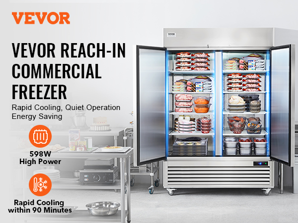 VEVOR reach-in commercial freezer with open doors, filled shelves, and a kitchen counter setup.