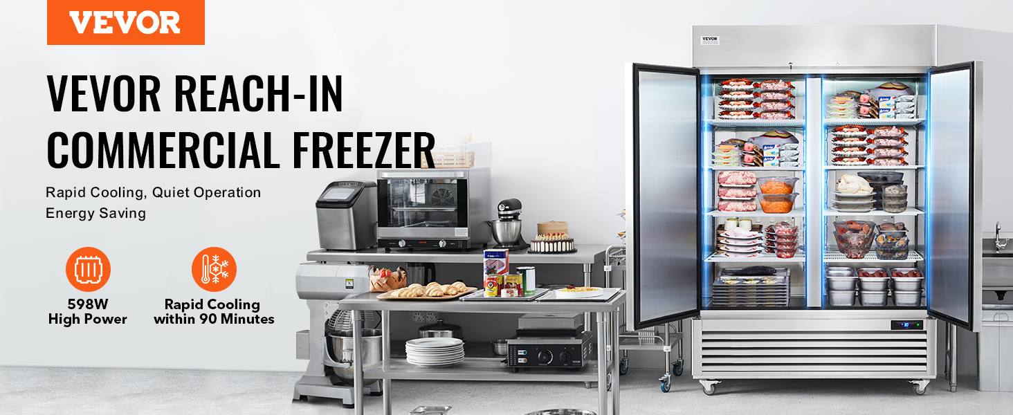 VEVOR reach-in commercial freezer with open doors, filled shelves, and a kitchen counter setup.