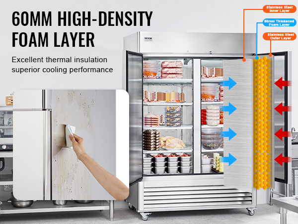 VEVOR commercial freezer with 60mm high-density foam layer, featuring excellent thermal insulation.
