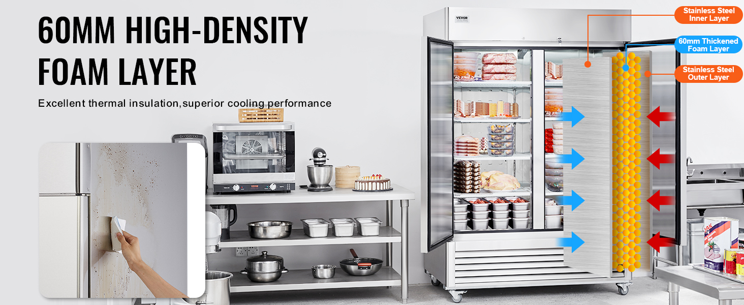 VEVOR commercial freezer with 60mm high-density foam layer, featuring excellent thermal insulation.