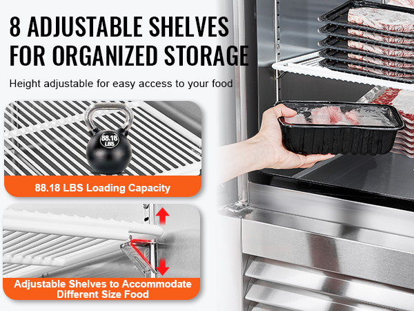 VEVOR commercial freezer with 8 adjustable shelves, 88.18 lbs loading capacity, organized food storage.
