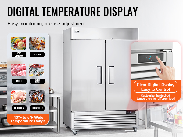 VEVOR commercial freezer with digital temperature display, adjustable for ice cream, seafood, and meats.
