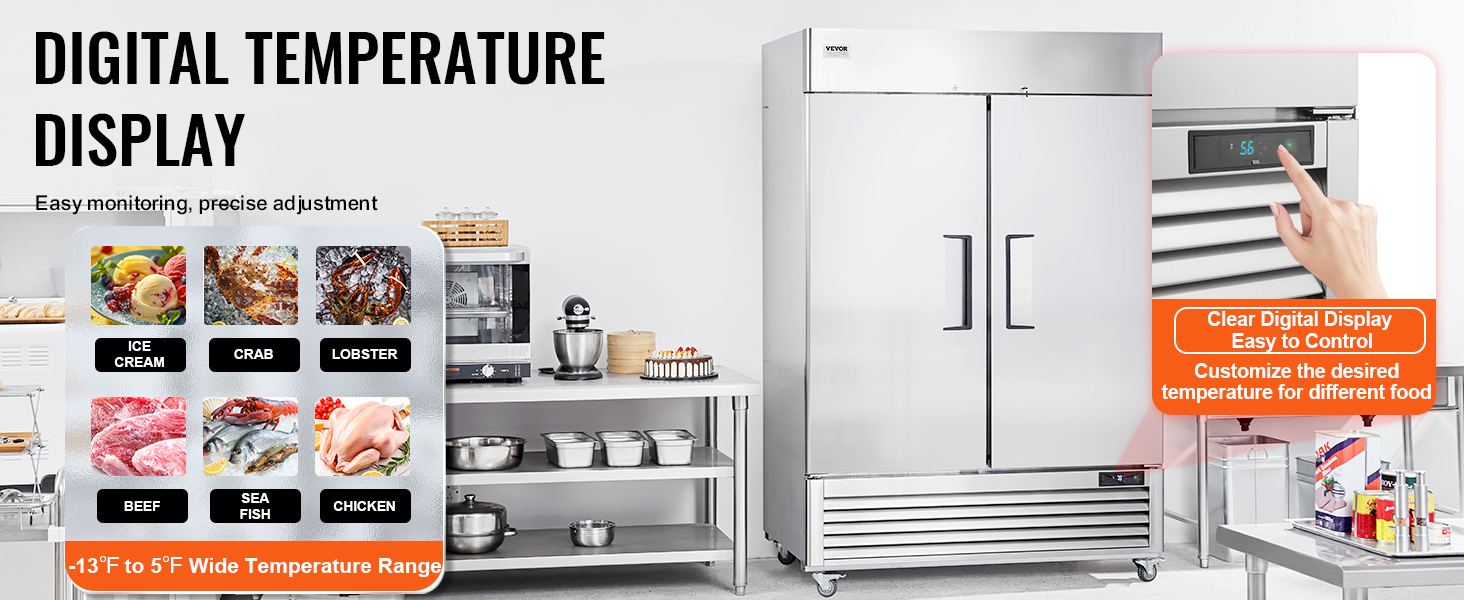 VEVOR commercial freezer with digital temperature display, adjustable for ice cream, seafood, and meats.