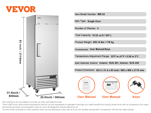 VEVOR komerciālais ledusskapis mr-23, viendurvju, 19,32 cu.ft, 4 plaukti, 260,14 lbs, izmēri 26,9 "x31,4 "x83".