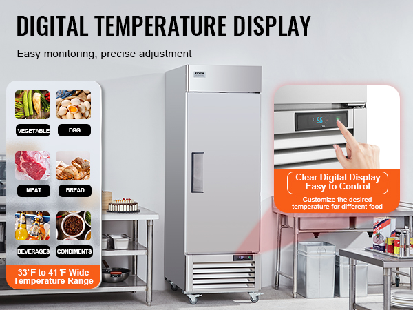 VEVOR komerciālais ledusskapis ar digitālo temperatūras displeju, regulējams dārzeņiem, olām, gaļai un citiem produktiem.
