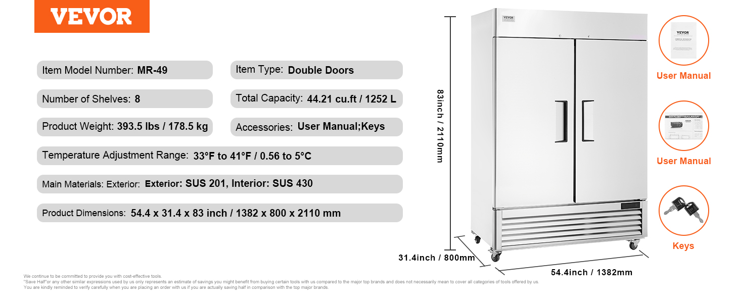 VEVOR commercial refrigerator mr-49, double doors, 8 shelves, 44.21 cu.ft, keys, user manual.