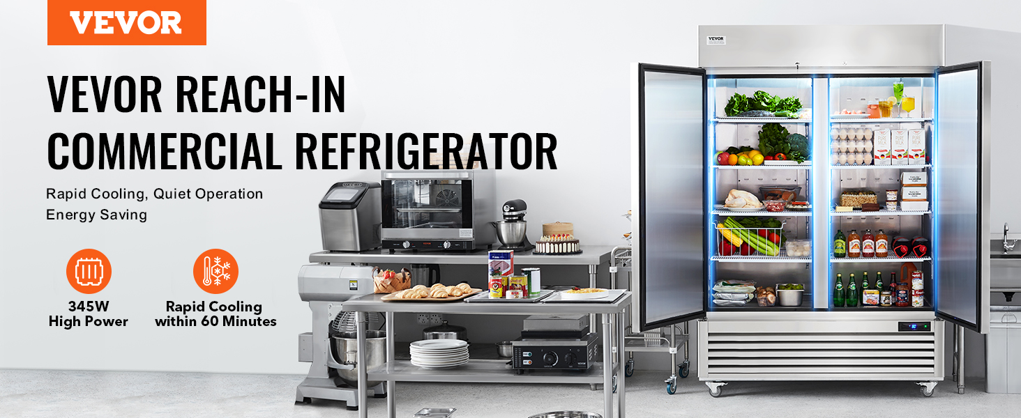VEVOR commercial refrigerator in a kitchen with open doors showcasing organized food storage.