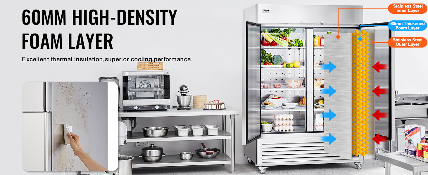 VEVOR commercial refrigerator in kitchen with 60mm high-density foam layer and stainless steel exterior.
