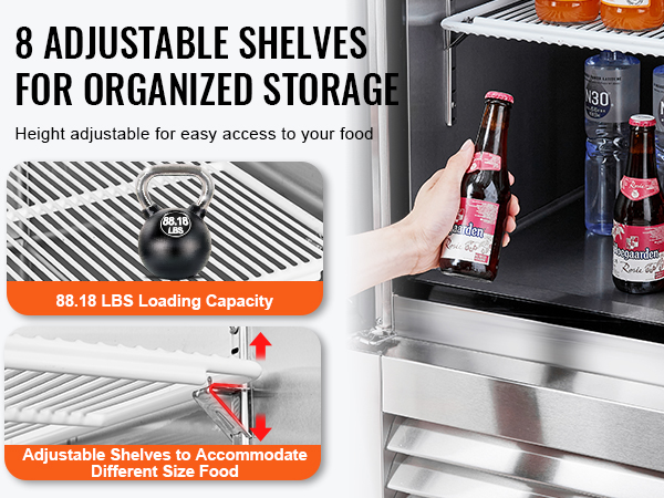 VEVOR commercial refrigerator with 8 adjustable shelves, 88.18 lbs load capacity, organized storage.