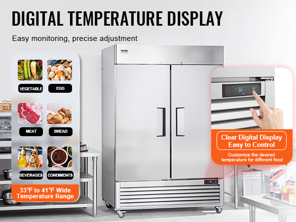 VEVOR commercial refrigerator with clear digital display for easy temperature control and wide storage options.