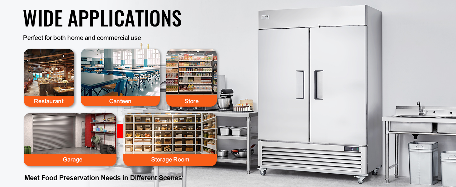 VEVOR commercial refrigerator in various settings: restaurant, canteen, store, garage, and storage room.