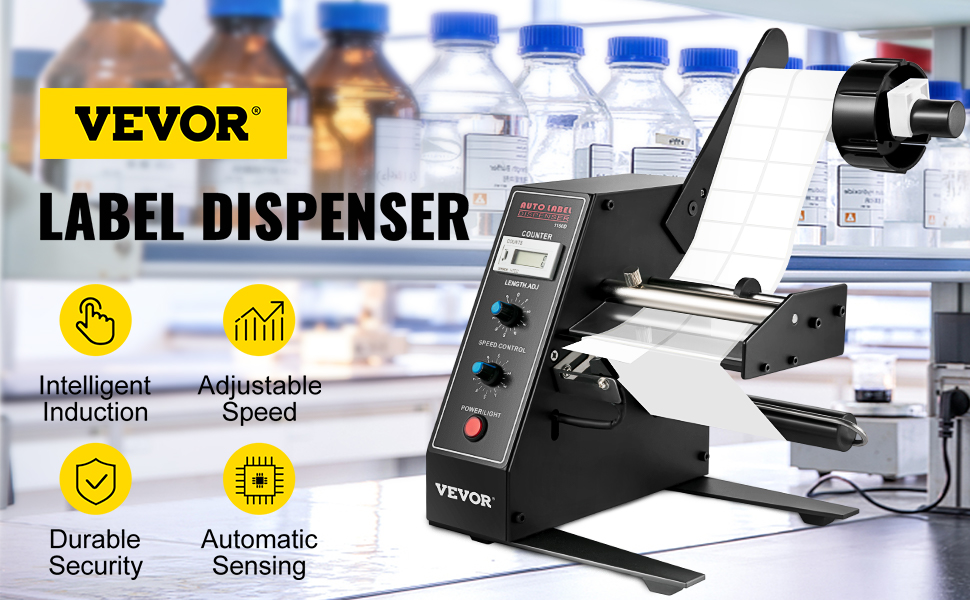 VEVOR automatic label dispenser in a lab with features icons: induction, speed, security.